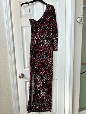 H&M Black and Red One-Shoulder Animal Print Maxi Dress
